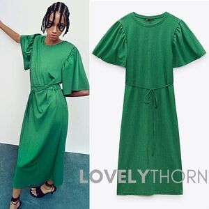 ZARA // boho-chic light kelly green flutter bell sleeve belted maxi dress
